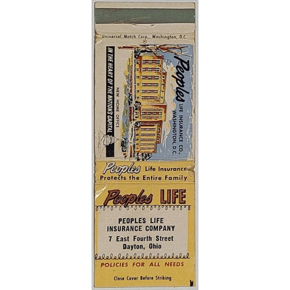 Vintage Matchbook Cover Peoples Life Insurance Dayton OH Ohio Washington DC